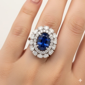 18K Beyaz Altın Safir ve Pırlanta Halo Yüzük